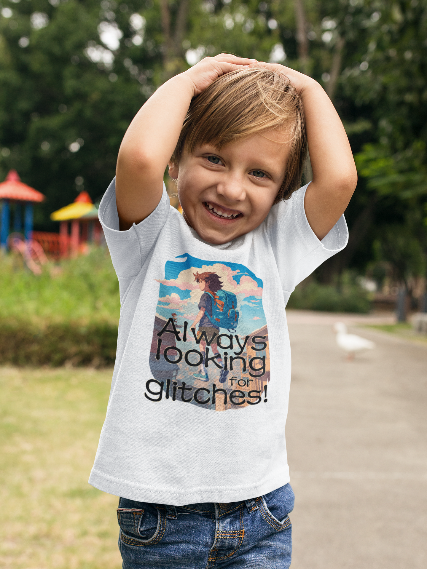 A little boy wearing the "Always looking for glitches" t-shirt.